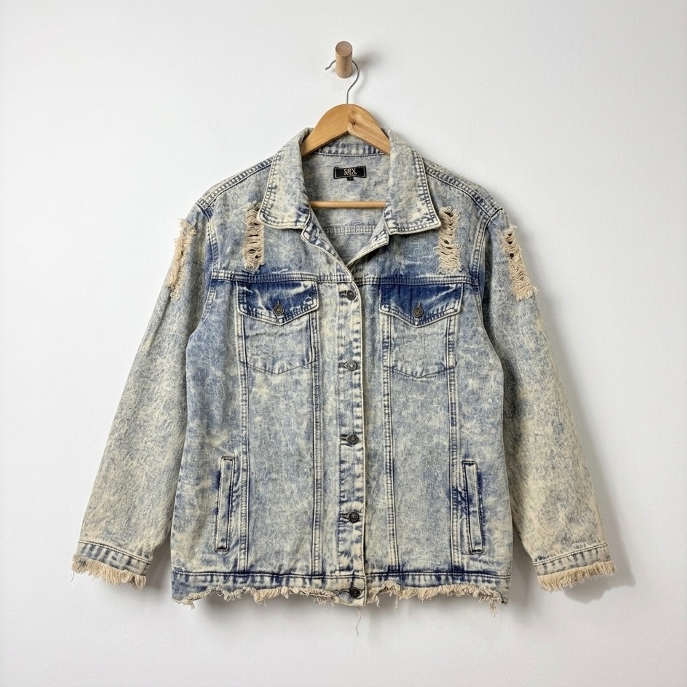L&B Acid Wash Distressed Shredded Denim Jacket Women Size L Frayed Edgy Grunge